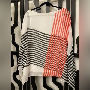 Calvin Klein Womens Sheer Lined Top with Stripes, Large